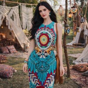 Mara Hoffman Jungle Trip Bodycon Dress Aztec Print Leopard Animal Teal Small